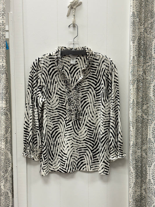 3/4 Shirred Sleeve Ruffle Trim Notch Neck Stand Collar Top