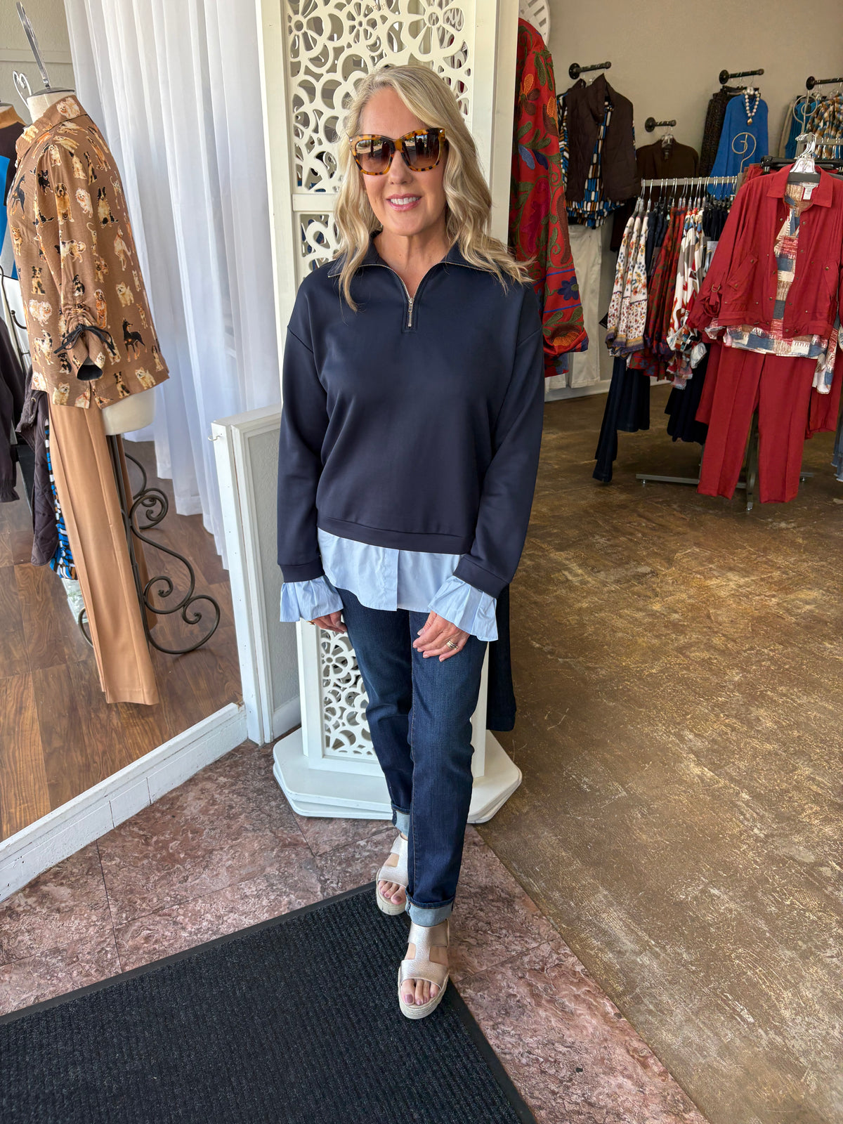 Layered Poplin Quarter Zip Sweatshirt