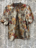Smocked High Neck Floral Print Metallic Top