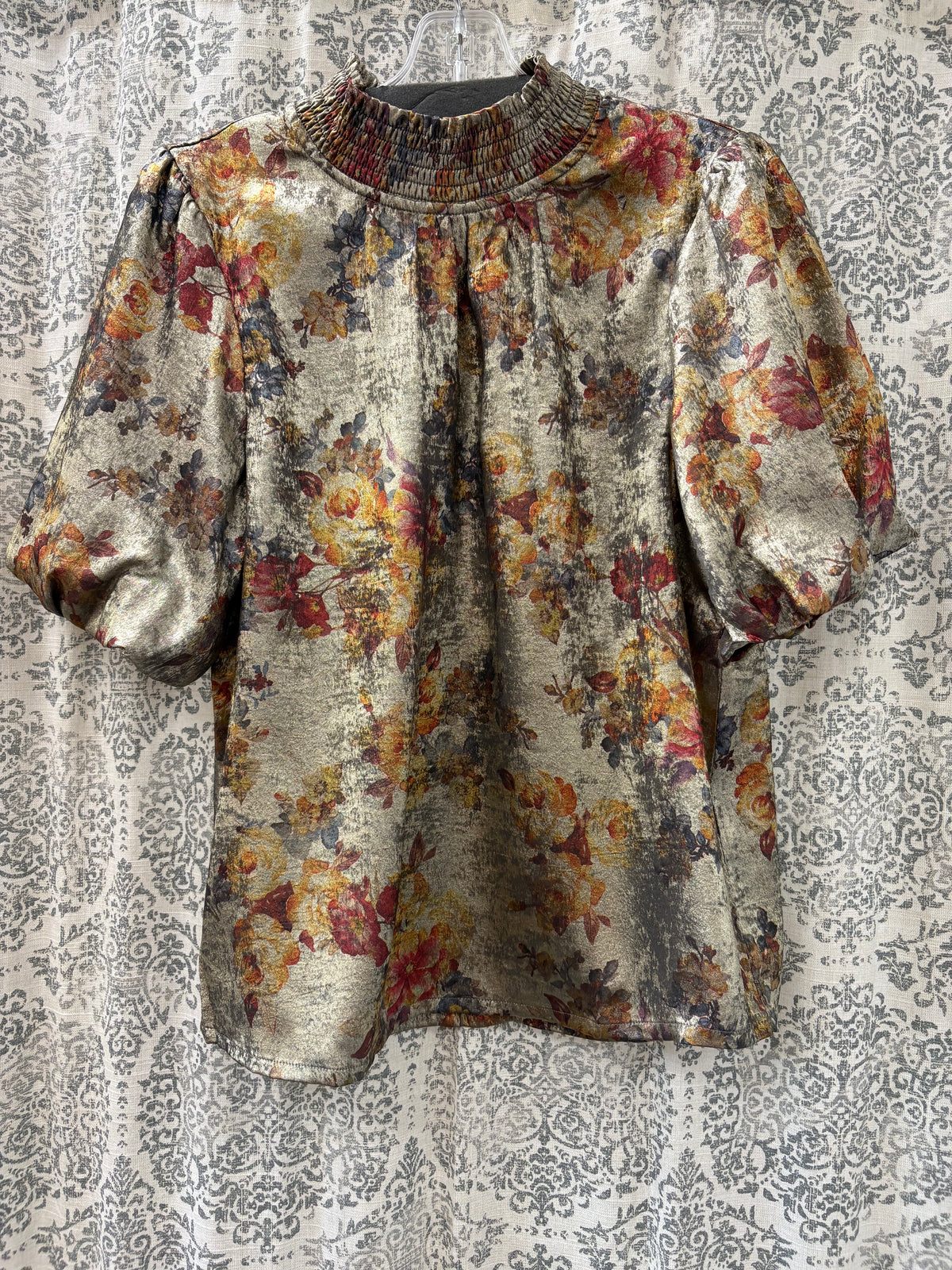 Smocked High Neck Floral Print Metallic Top