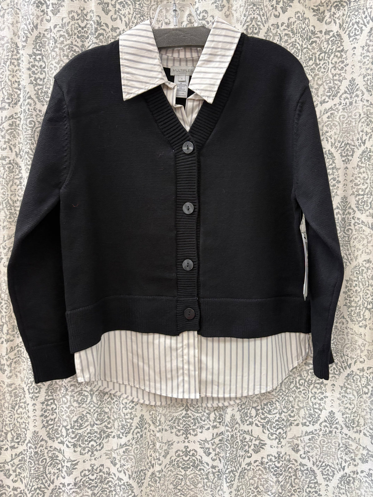 Cardigan Sweater w/ Striped Shirt