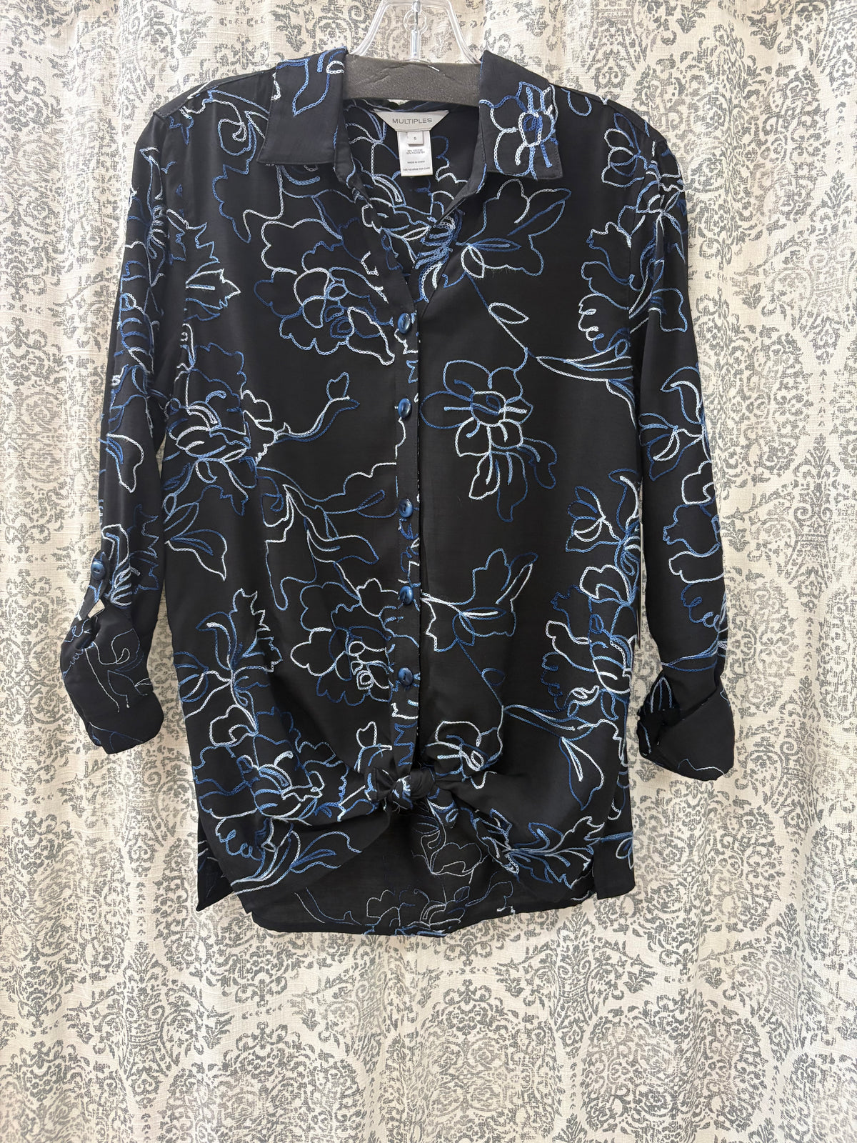 Roll-Tab Sleeve Tie-Waist Blouse