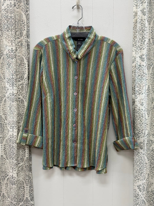 Woven Textured Button Front Top Point Collar 3/4 Sleeves