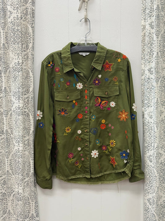 Embroidered Blouse With Front Pockets And Roll Tab Sleeves