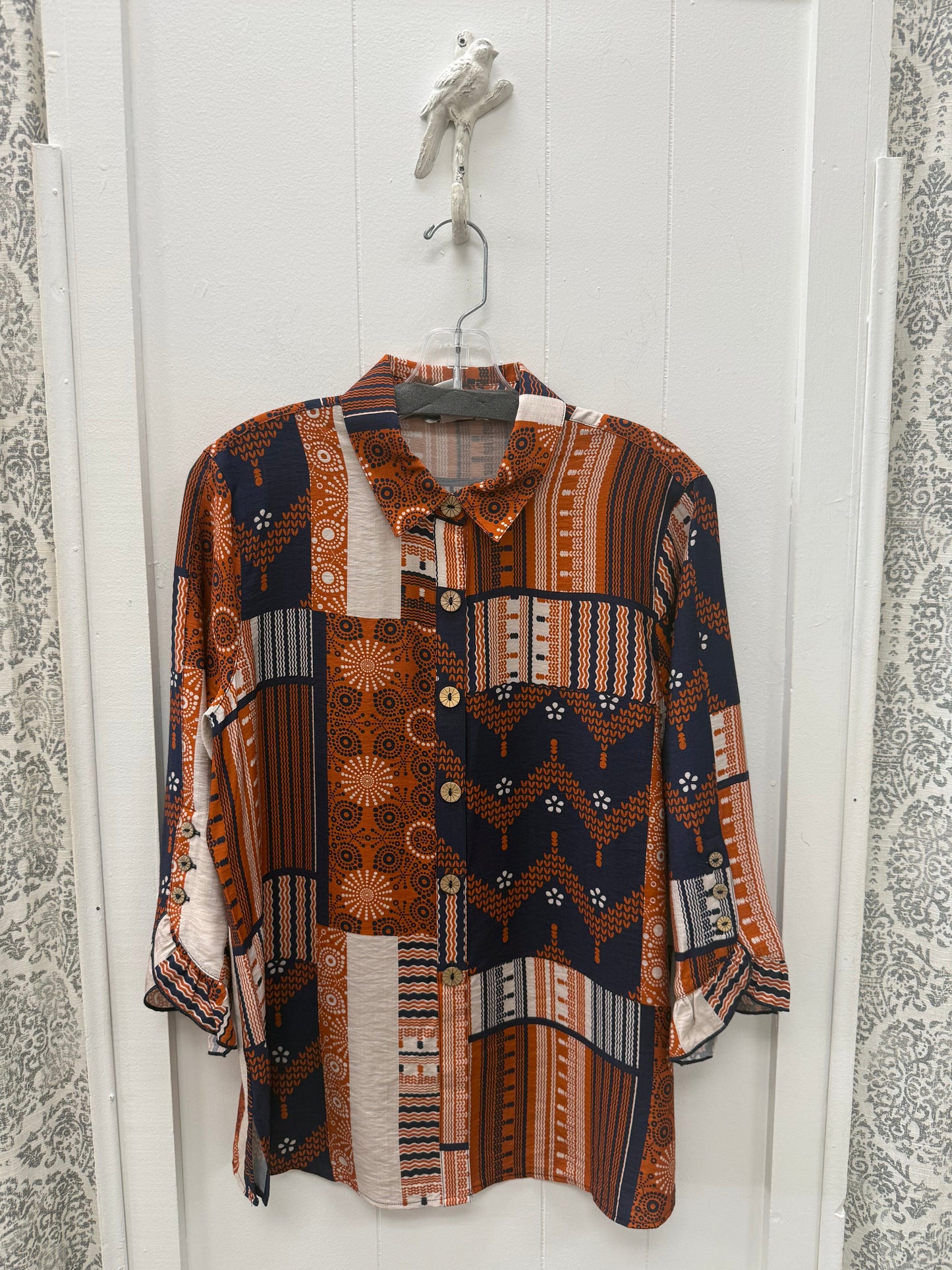 3/4 Flounce Sleeve Button Front Waist Woven Shirt