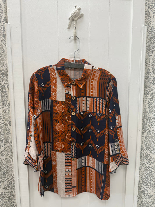 3/4 Flounce Sleeve Button Front Waist Woven Shirt