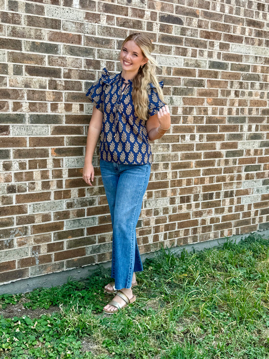 Navy and Gold Leaf Ruffled Blouse