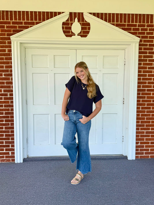 Navy Keyhole Back Top
