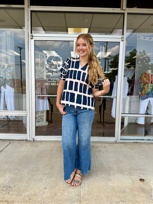 Geometric Chic Puff-Sleeve Top