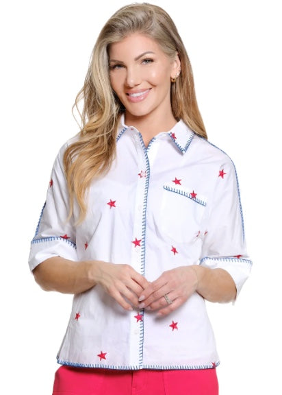 Star Embroidered Blouse With Front Pocket And Cuff Sale