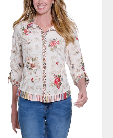 Woven Embroidery 3/4 Cinch Tiel Sleeve Button Front Blouse With Mix Trim