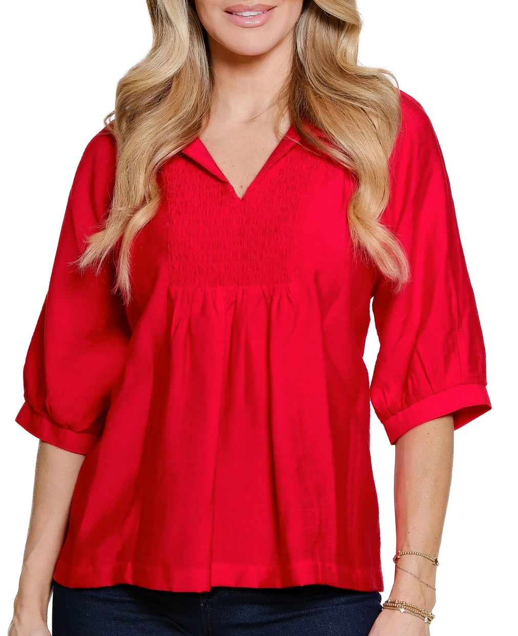 Woven Popover Point Collar With Split Neck Line Shirring Details