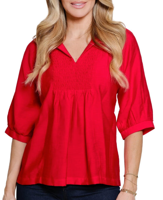 Woven Popover Point Collar With Split Neck Line Shirring Details