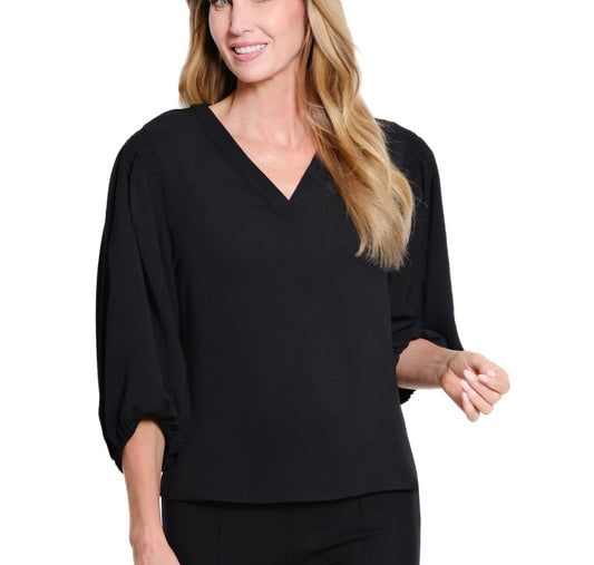 Puff Sleeve Banded V-Neck Woven Top