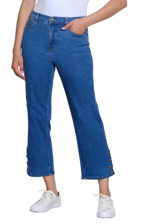 Zip And Button Front 5-Pocket Scallop Hem Vent Woven Crop Pant