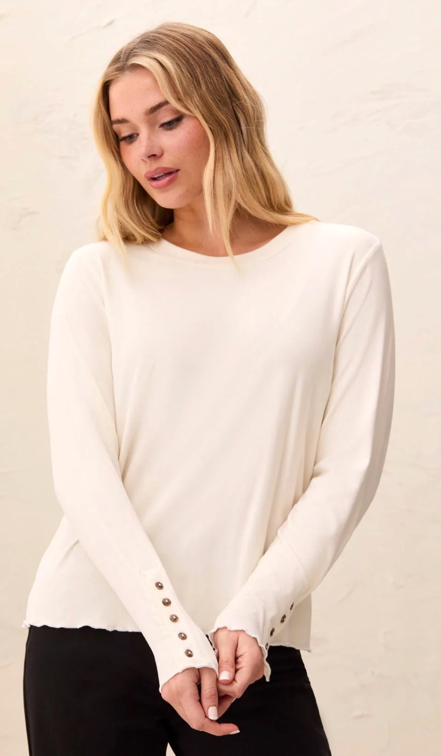 Long Sleeve Crew Neck Top with Button Detail