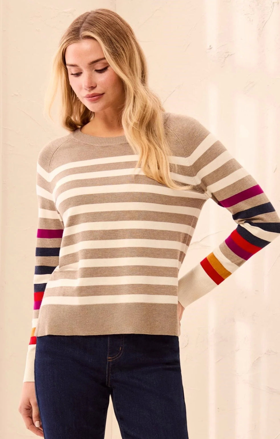 Soft Viscose Long Sleeve Crew Neck Stripe Sweater