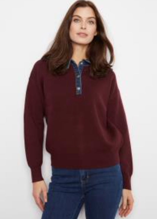 Long Sleeve Polo Sweater with Denim Collar