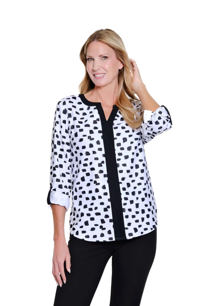 Button Tab Fold Up Cuff Boat Neck Hem Top