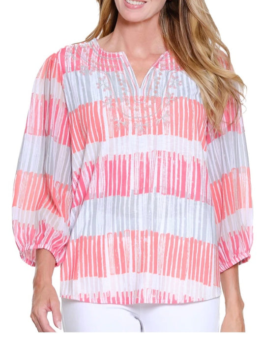 3/4 Sleeve Notch Neck Embroidery Top