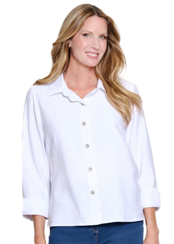 Turn Up Cuff 3/4 Sleeve Scallop Button Front