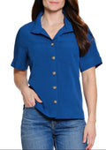 Solid Button Front Blouse With Front Pockets, Short Sleeve and Wire Collar