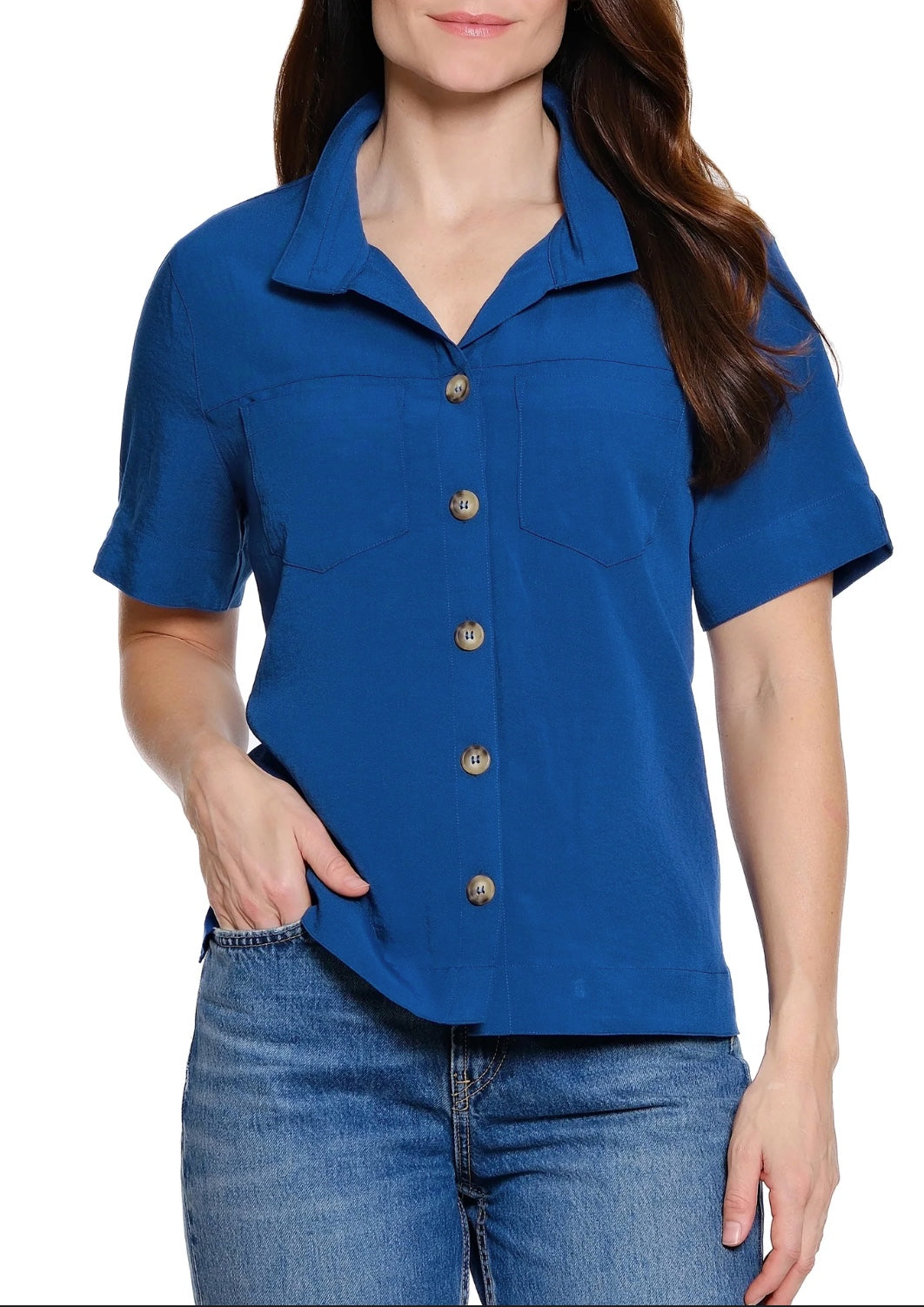 Solid Button Front Blouse With Front Pockets, Short Sleeve and Wire Collar