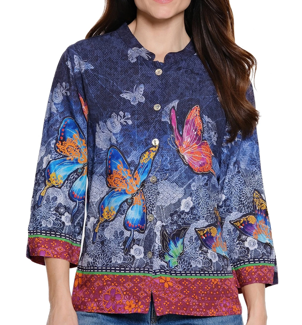 Butterfly Print Tunic With border Detail And 3/4 Sleeves