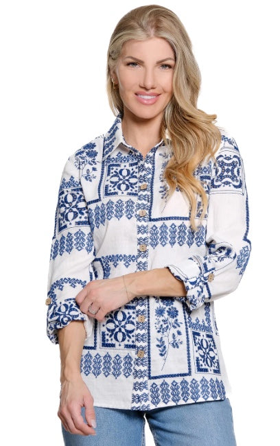 Floral Eyelet Patchwork Blouse With Roll Tab Sleeves