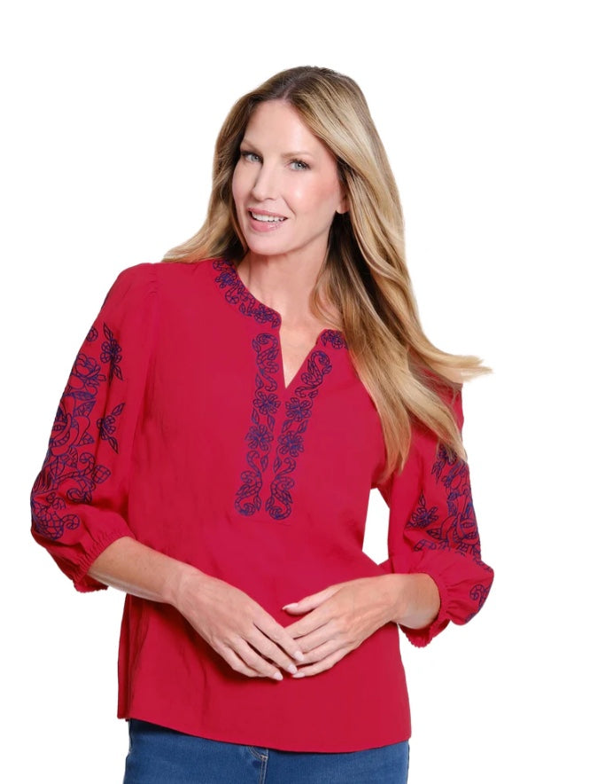 3/4 Puff Sleeve Notch Neck Top