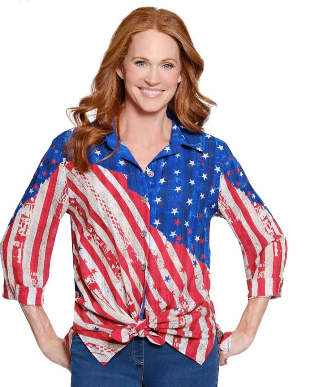 Cuffed 3/4 Sleeve Button Front Tie Waist Shirt
