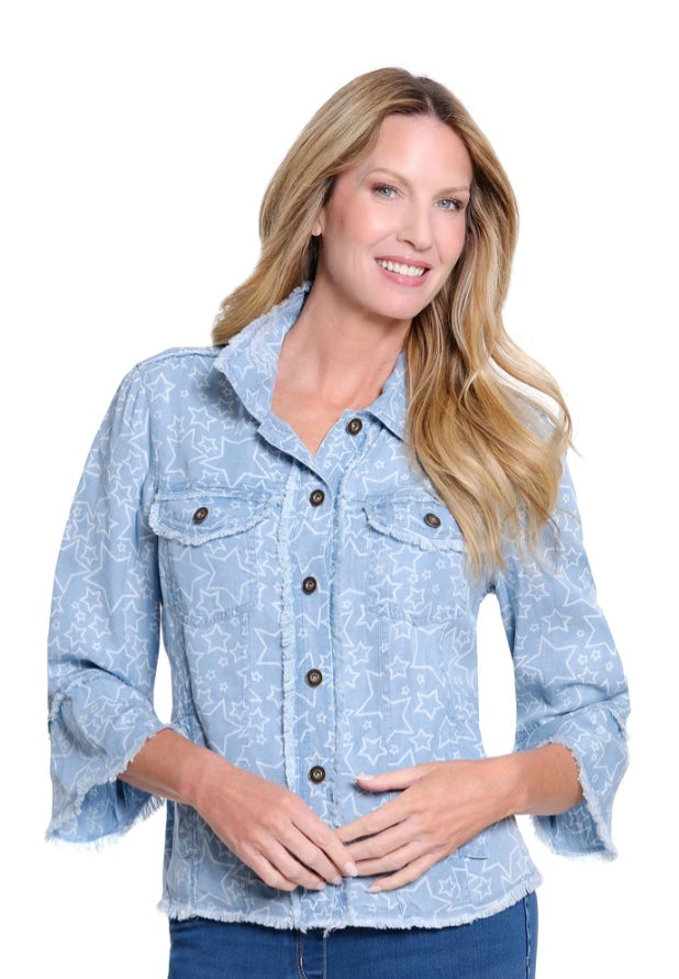 3/4 Flounce Sleeve Button Front Fringe Trim Jacket