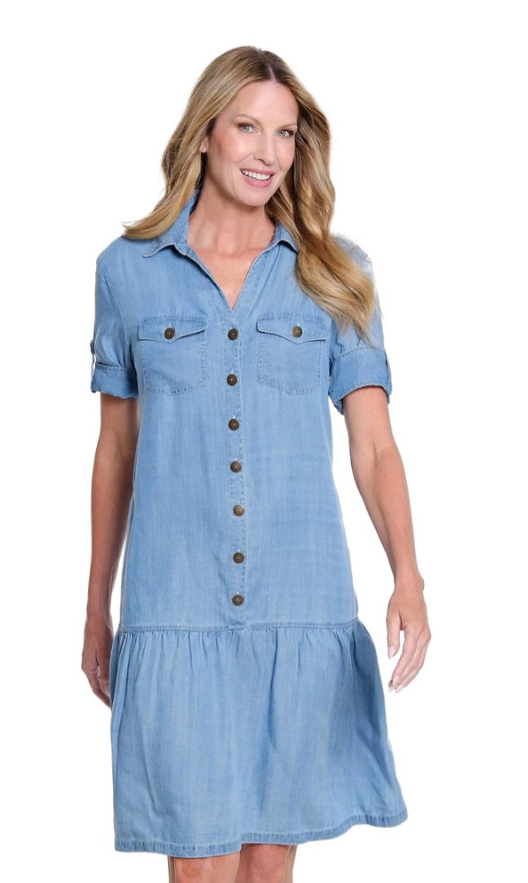 Tab Short Sleeve Button Front Dress