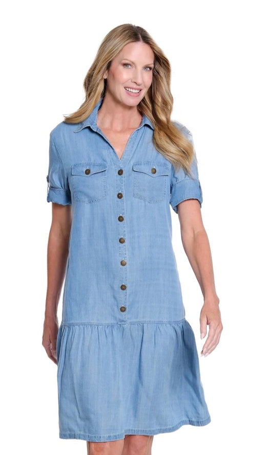 Tab Short Sleeve Button Front Dress