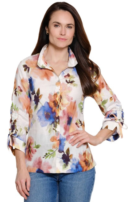 Woven Floral Print 3/4 Cinch Tie Sleeve Blouse With Wire Collar