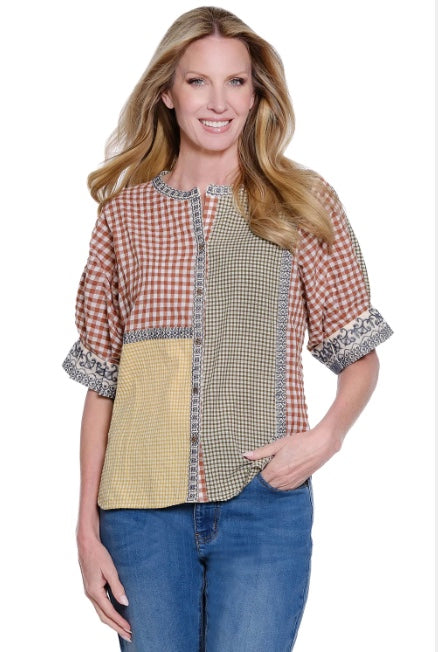 Woven Mix Short Sleeve Button Down With Embroidery