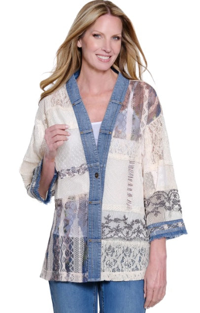 Woven Lave Patchwork 3/4 Sleeve Jacket With Woven Trim