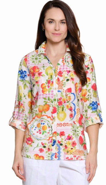 Woven Button Front Point Collar 3/4 Sleeves