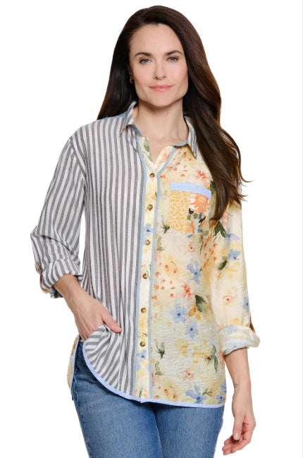 Woven Mix Print Long-Sleeve Roll Tab Button Down Blouse