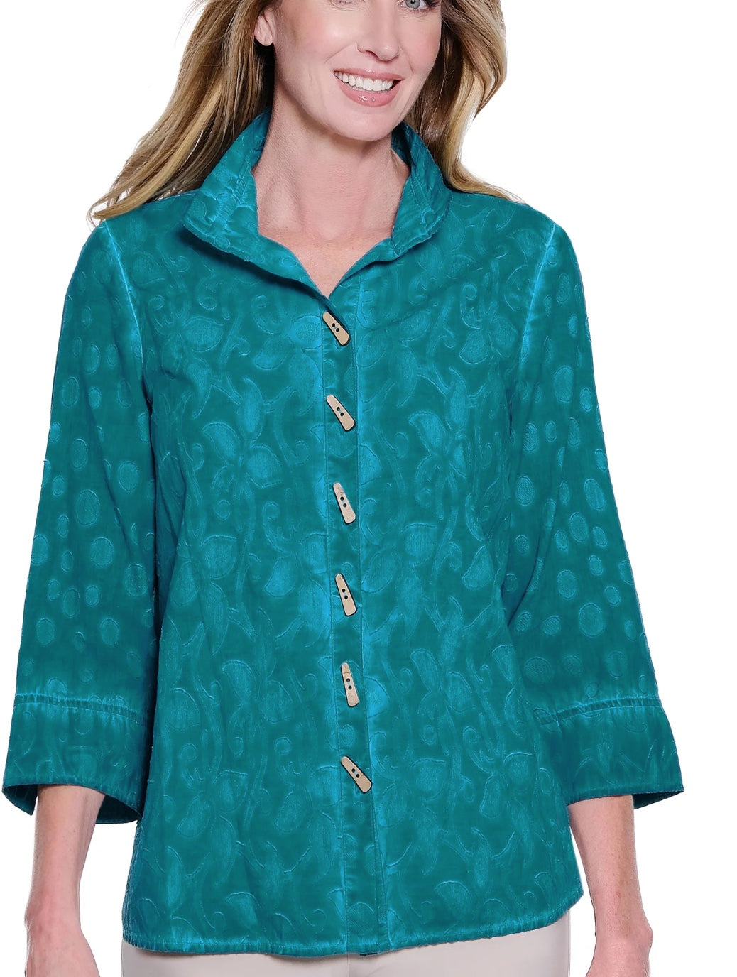 Woven Textured Jacquard Button Front Top, Wire Collar