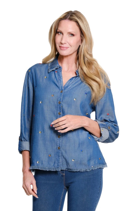 Roll Tab Cuffed Long-Sleeve Drop Shoulder Button Front Woven Shirt