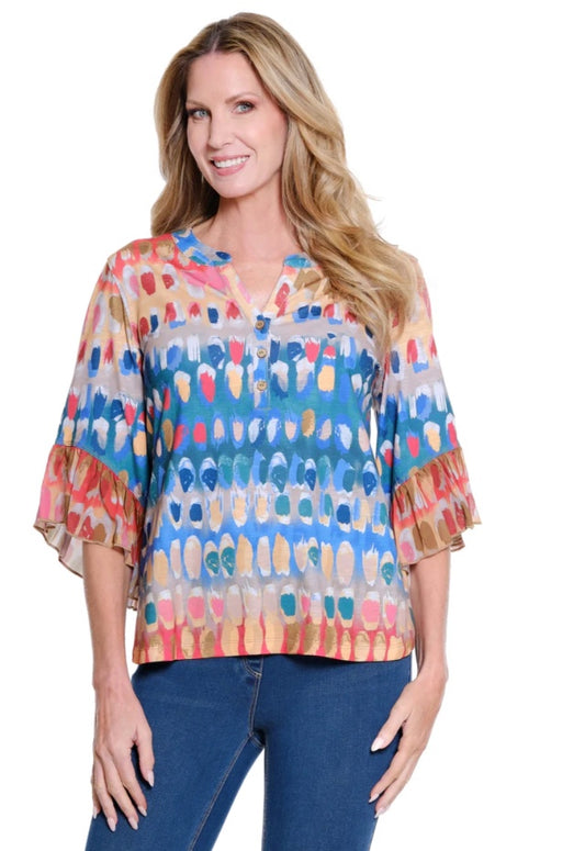 Elbow Flounce Sleeve Band Collar Button Front Pull-Over Knit Top