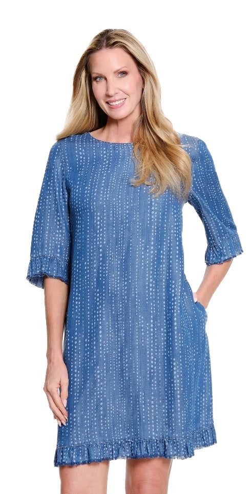 Elbow Sleeve Scoop Neck Ruffle Hem Button Back Woven Dress
