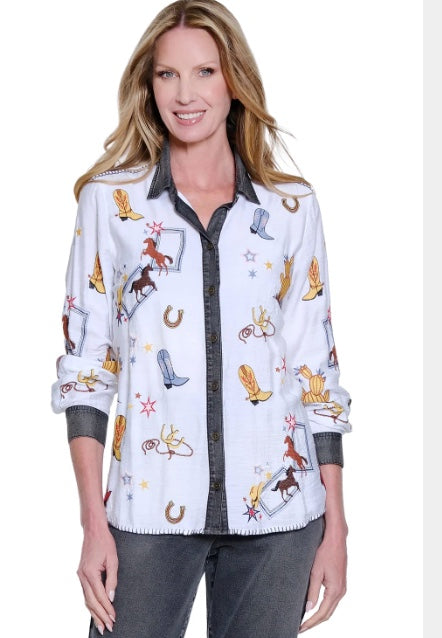 Woven Embroidered Long-Sleeve Snap Button Front Blouse