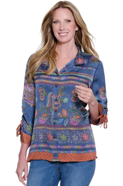 Woven Printed Button Front Blouse With Wire Collar