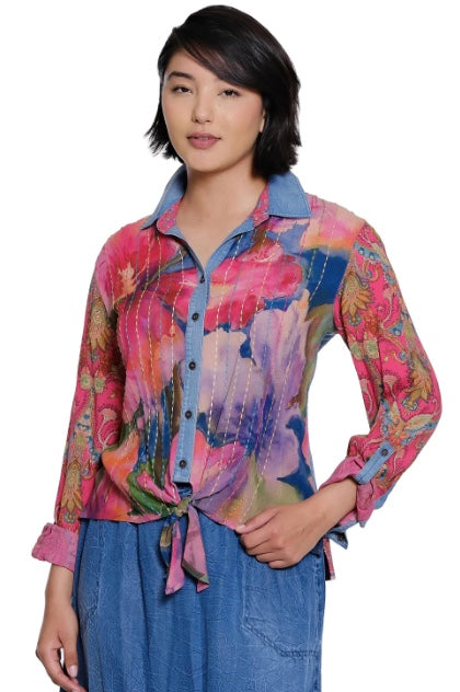 Woven Long-Sleeve Cinch Sleeve Tie Front Blouse