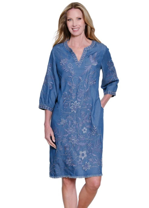 Woven Embroidered 3/4 Sleeve Dress With Frayed Hem And Split Neck