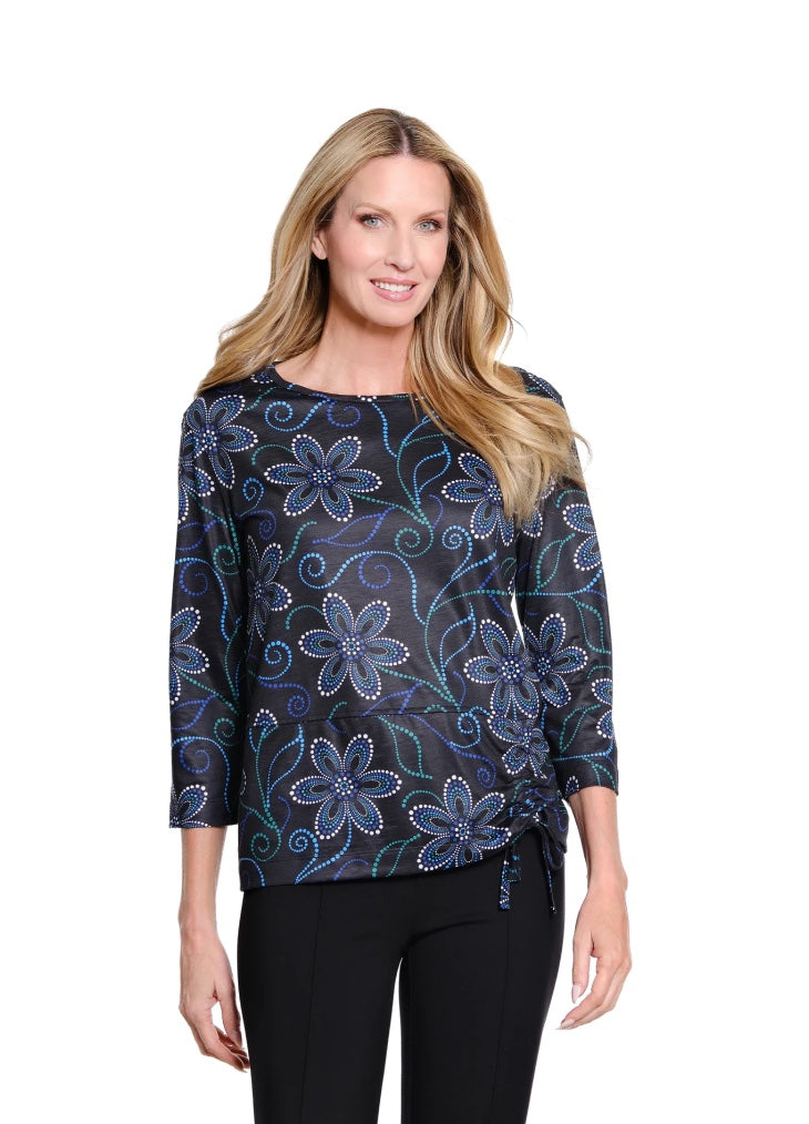 3/4 Sleeve Scoop Neck Drawstring Hem Knit Top