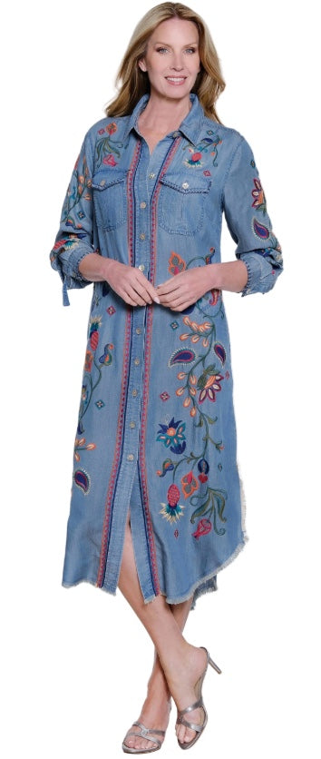 Woven Denim Button Front 3/4 Sleeve Dress