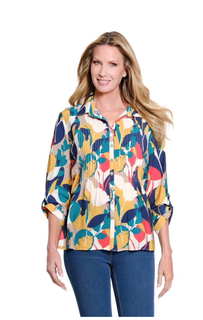 Cinched Tab Cuffed 3/4 Sleeve Multi Button Front Woven Top